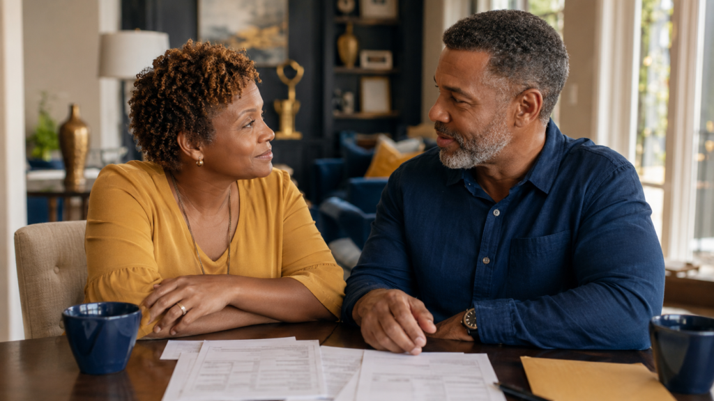 Black couple seated at a dining table reviewing life insurance documents, looking at each other with a calm and reassured expression in a warm, softly lit home setting